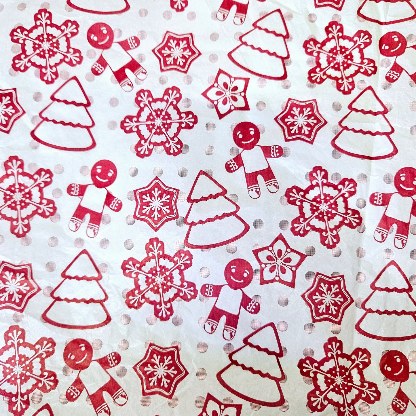 Tissue paper with a Christmas theme, featuring red snowflakes, gingerbread men, and Christmas trees.