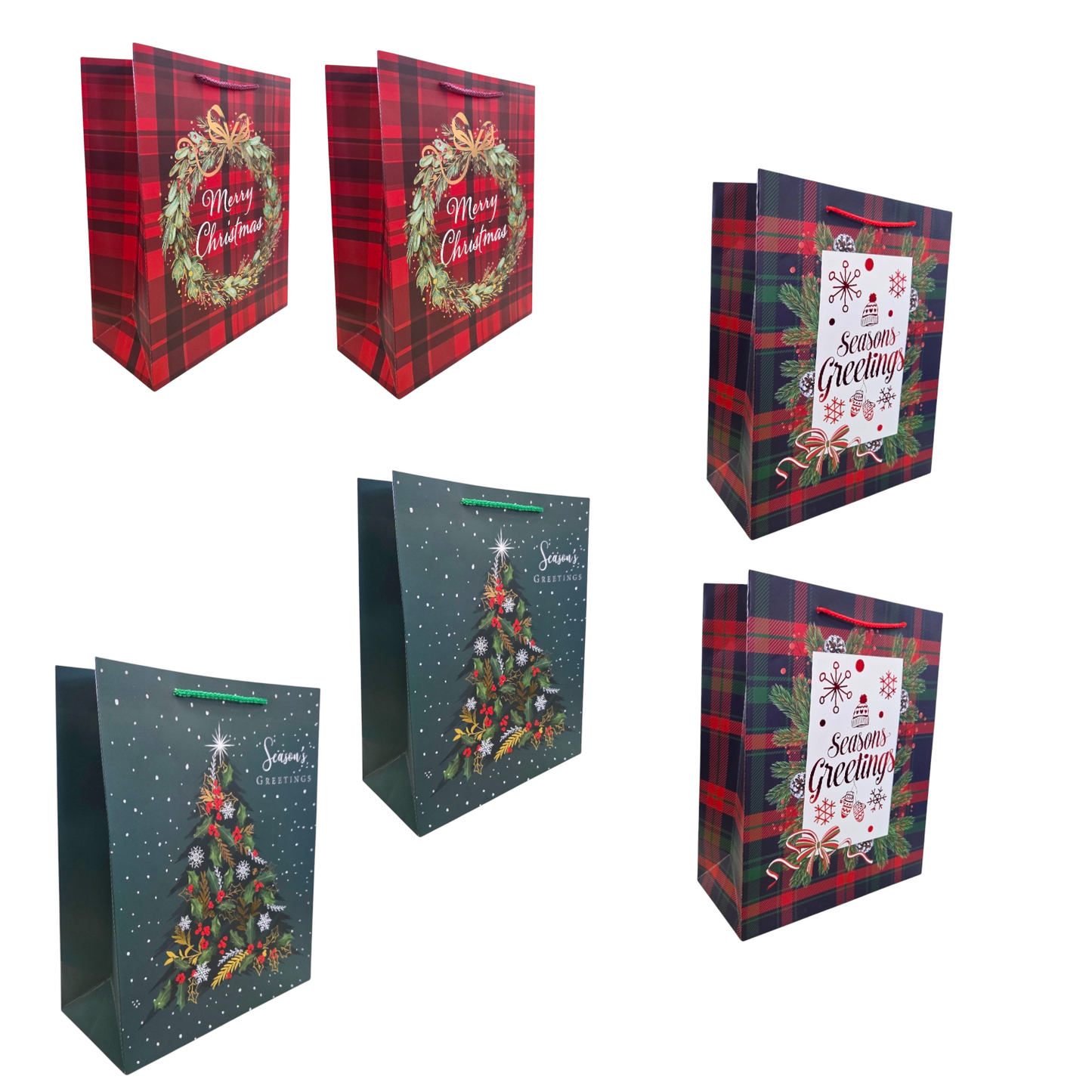 Set of Christmas-themed gift bags with plaid patterns and festive designs.