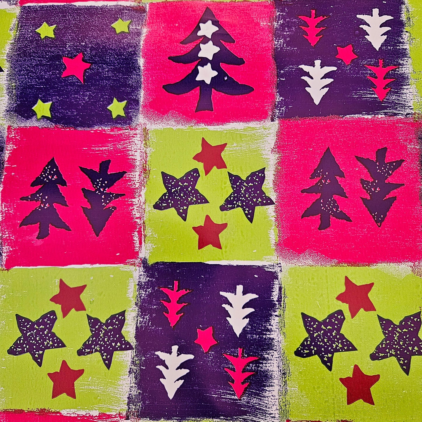 Christmas Wrapping Paper Green, Pink and Purple Squares with Trees (10 Meter Roll)
