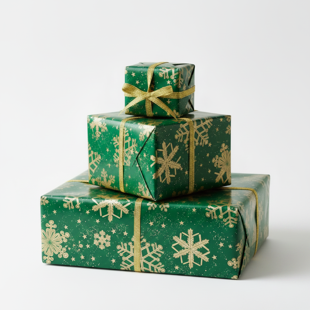 Christmas Wrapping Paper Green with Gold Snow Flakes (10 or 50 Meter Roll)
