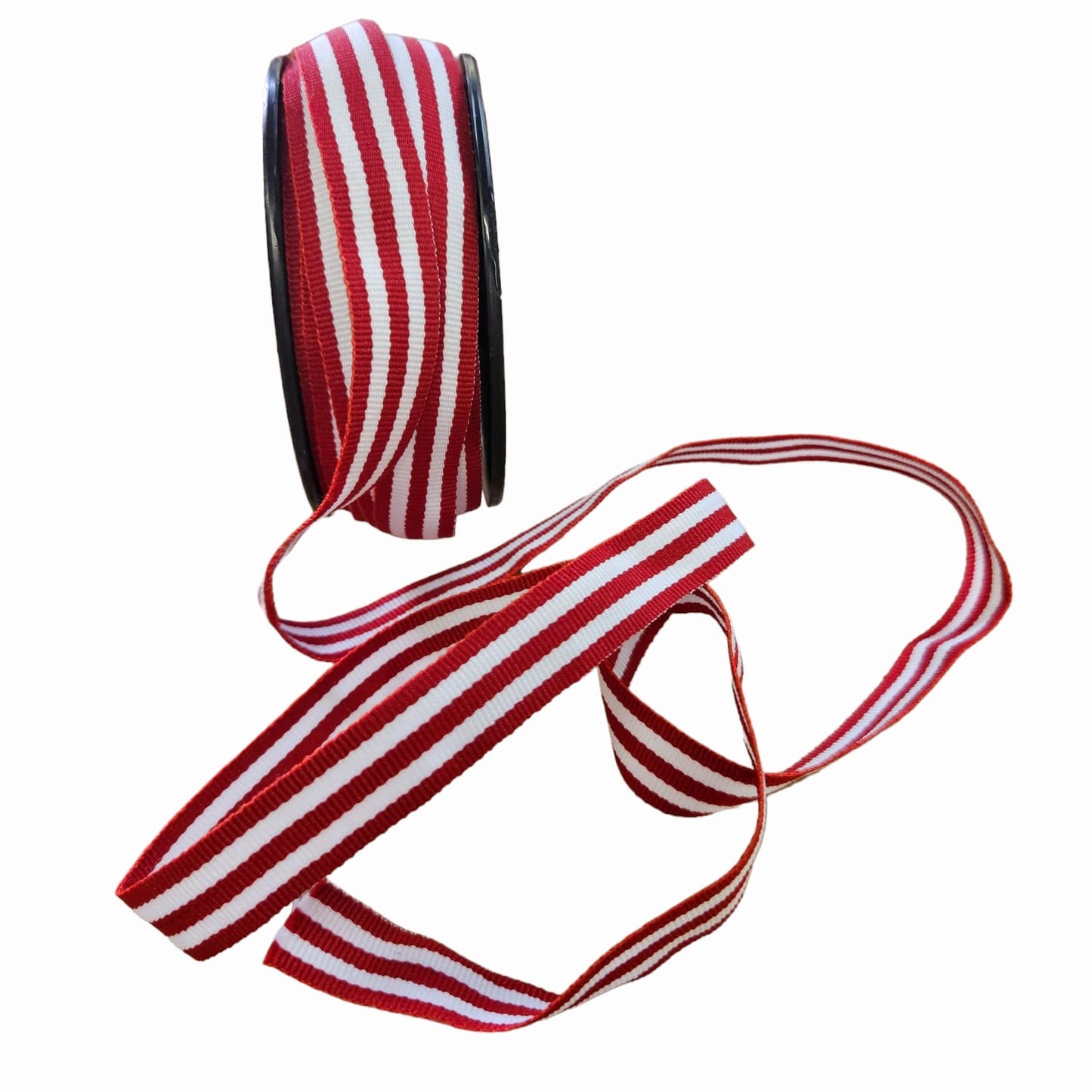Red petersham ribbon with white optical stripes. 15mm wide.