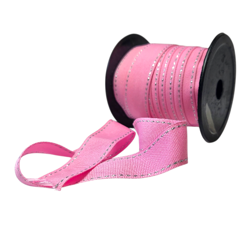 Petersham Pink with Silver Lurex Side Stitch 25mm (5 or 20 Meter Roll)