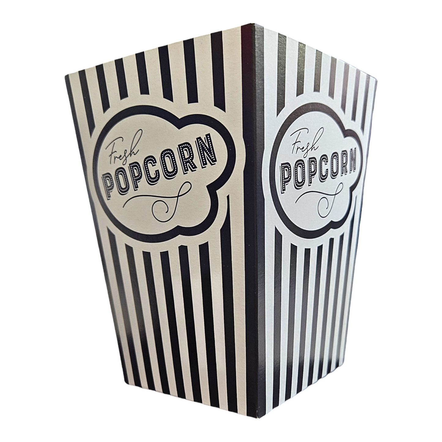 Black and white striped popcorn box with 'Fresh Popcorn' text in retro cinema style font, on a white background