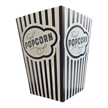 Load image into Gallery viewer, Black and white striped popcorn box with 'Fresh Popcorn' text in retro cinema style font, on a white background