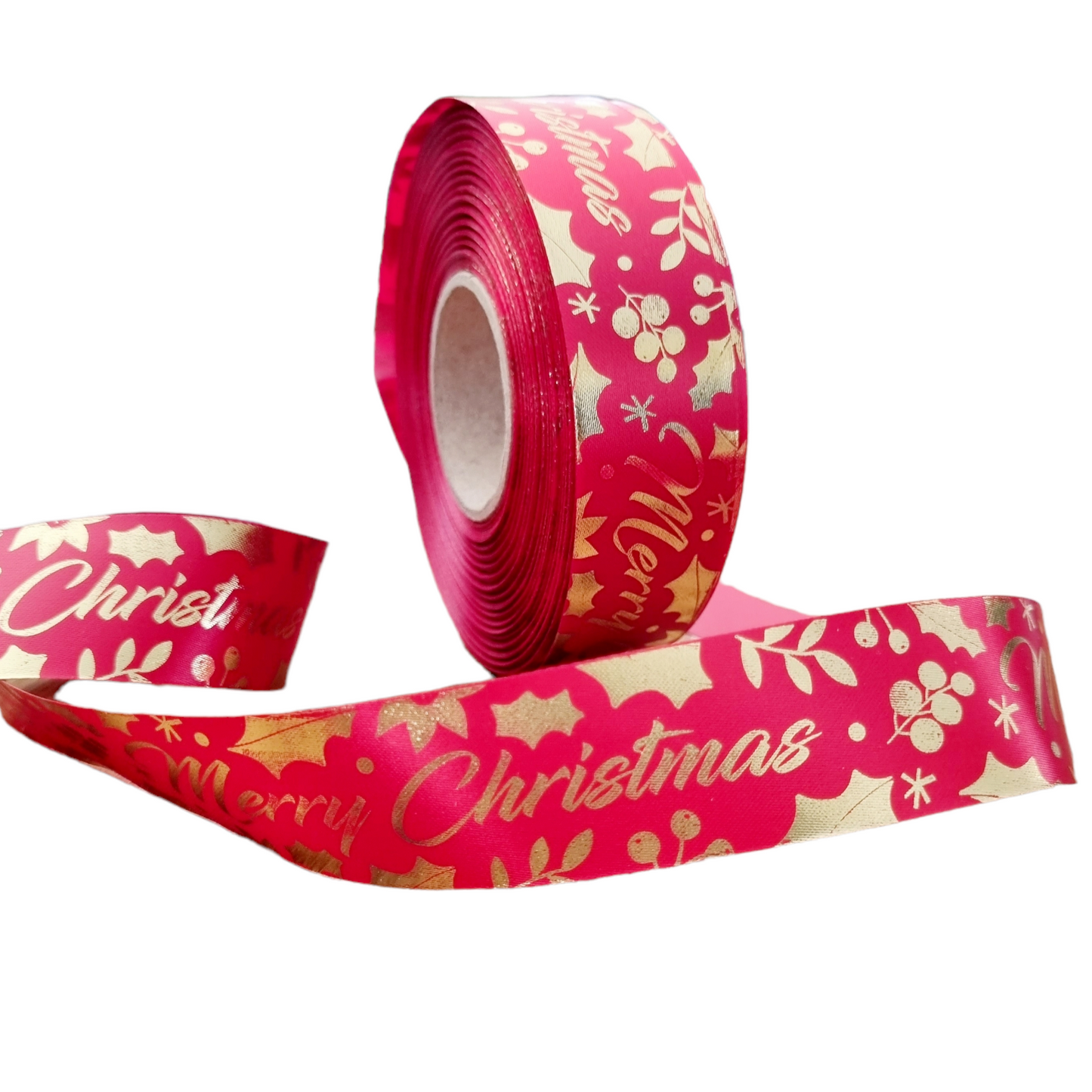 Christmas Printed Satin Ribbon Gold Merry Christmas with Holly (10 & 50 Meter Roll)