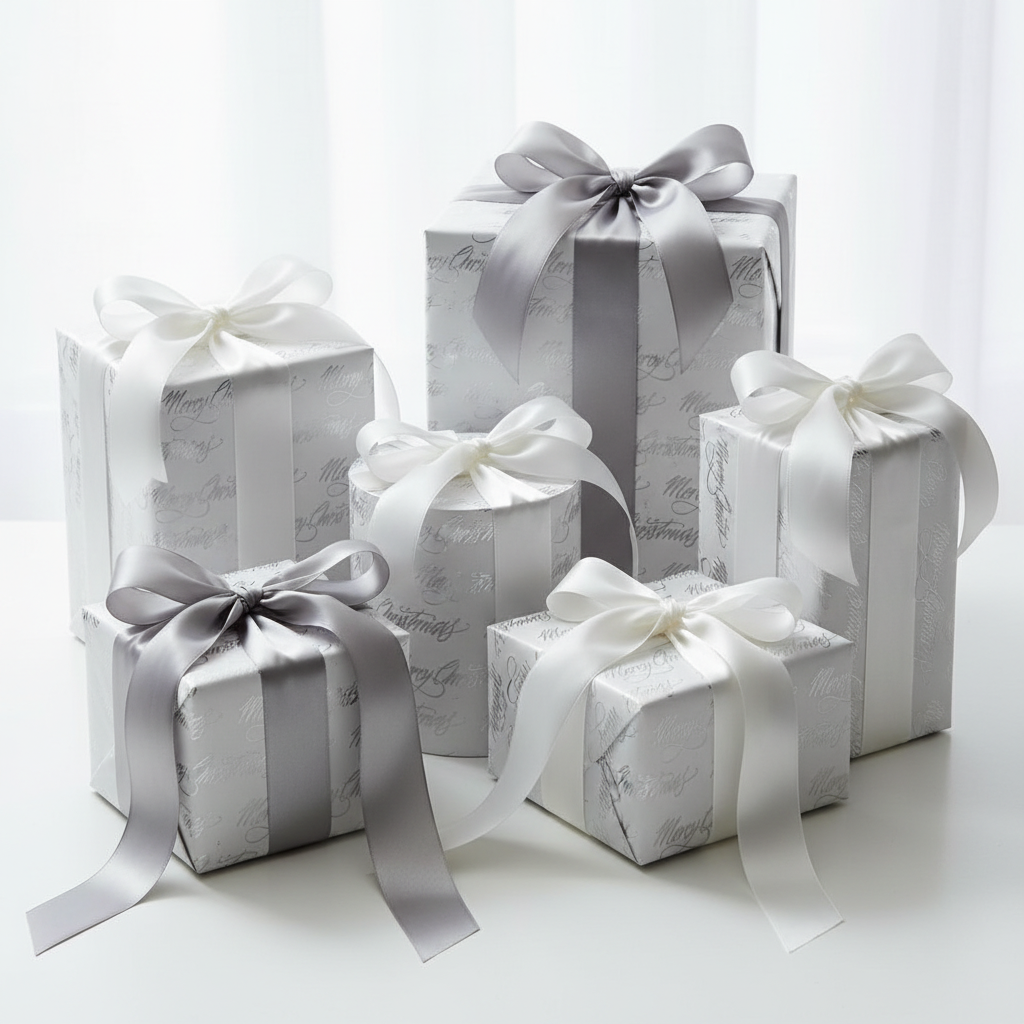 Six wrapped gift boxes in different sizes arranged together on a white surface against a soft white background. The boxes are wrapped in white and silver patterned paper with satin ribbons in white and silver, tied with bows.