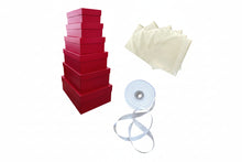 Load image into Gallery viewer, Six red gift boxes with white tissue paper and white satin ribbon on a white background.