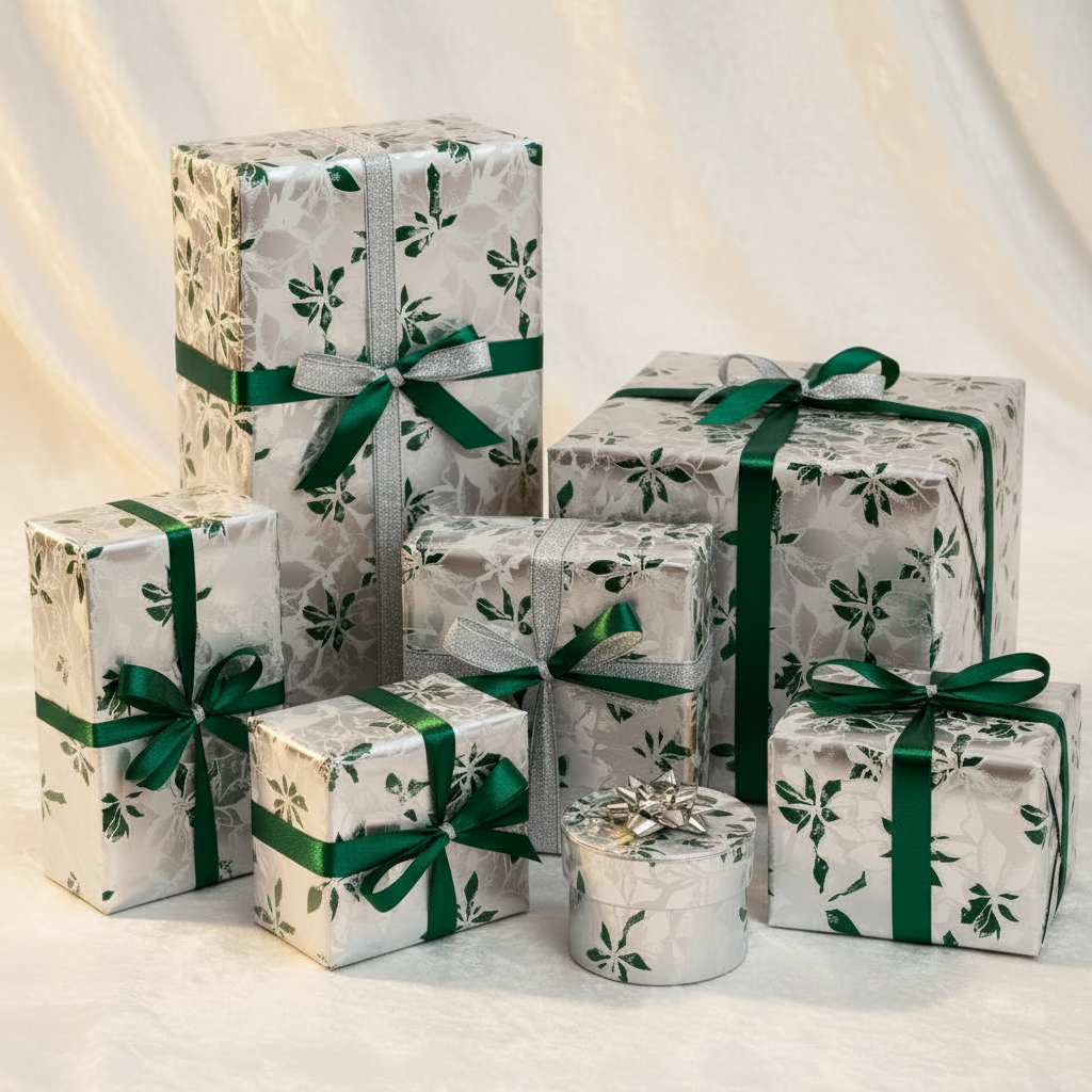 A collection of wrapped gift boxes in various sizes, decorated with silver and white floral patterned wrapping paper and tied with dark green ribbons, arranged on a draped cream fabric background.