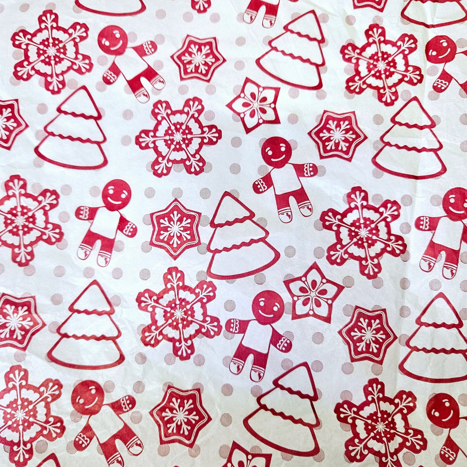 Tissue paper with a Christmas theme, featuring red snowflakes, gingerbread men, and Christmas trees.