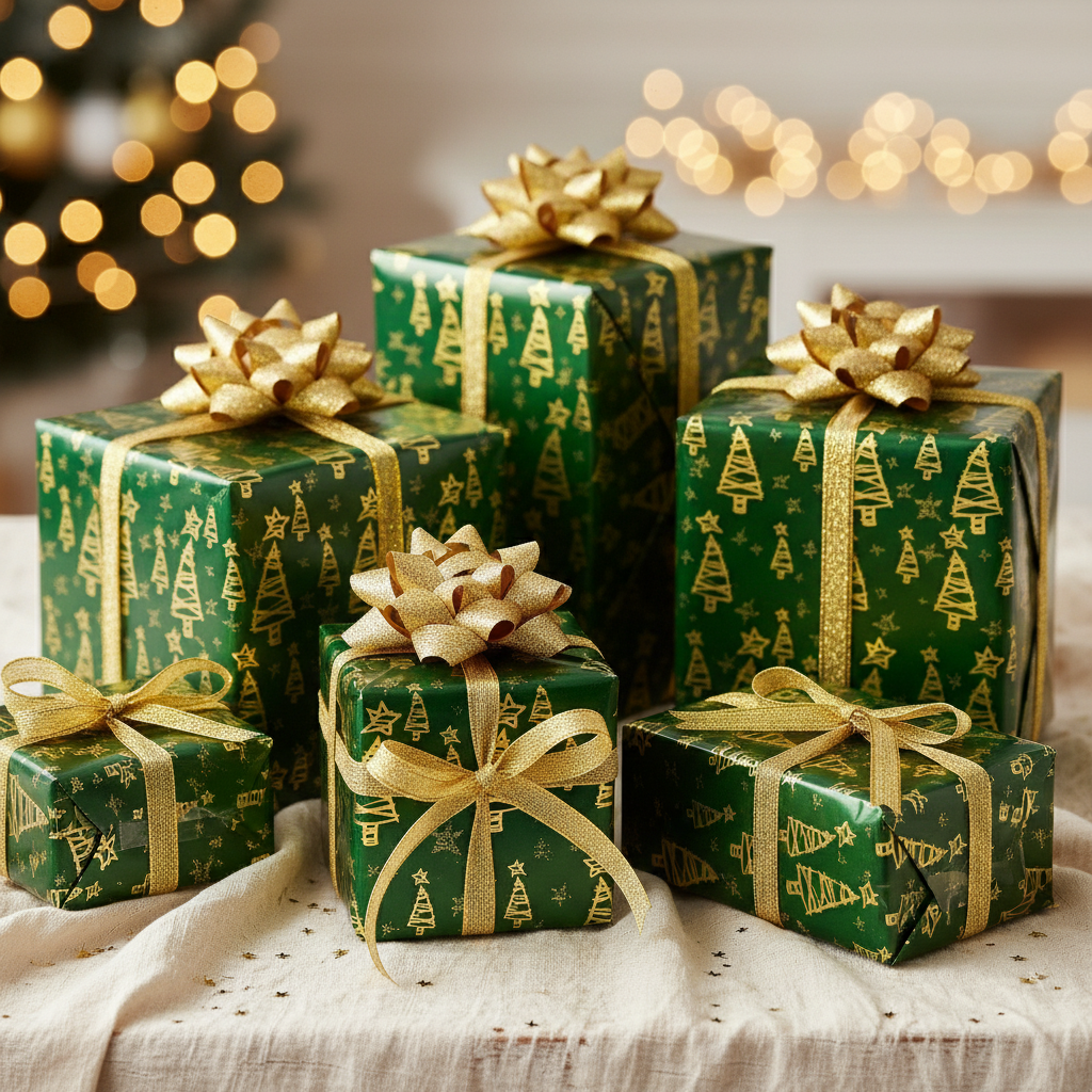 Five green Christmas-themed gift boxes wrapped in patterned paper with gold tree motifs and tied with gold ribbons and bows, arranged on a light fabric surface with blurred warm holiday lights in the background.