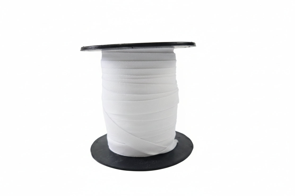 Spool of 10mm white Petersham ribbon on a black reel against a white background