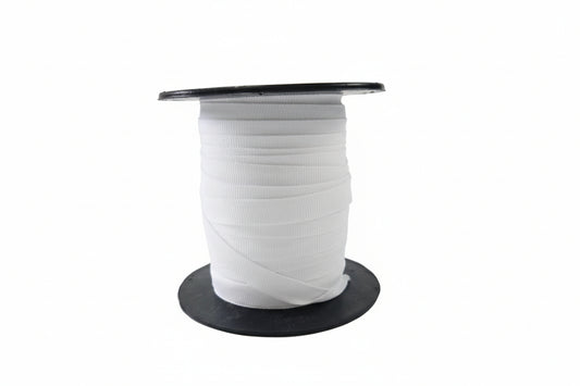 Spool of 10mm white Petersham ribbon on a black reel against a white background