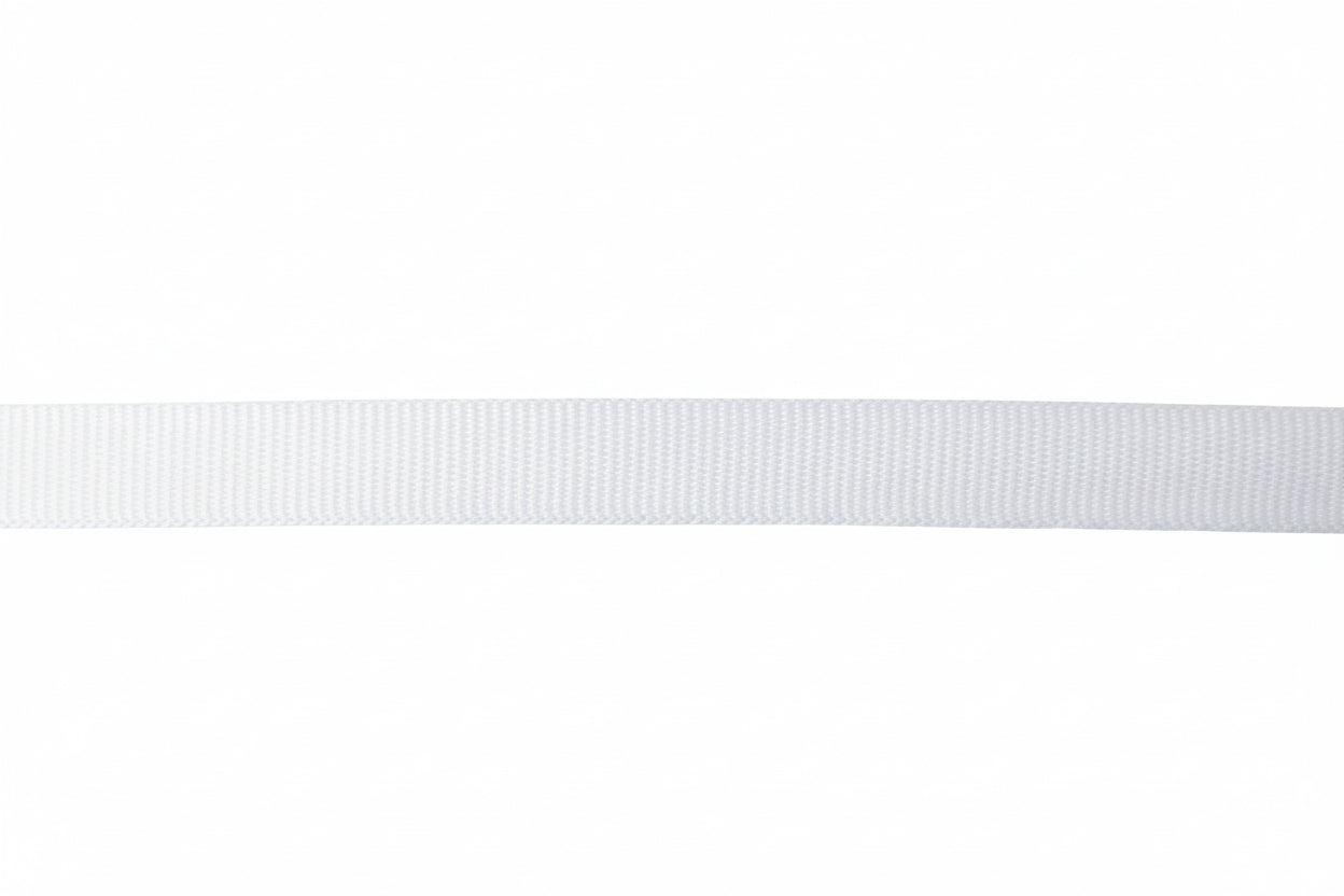 Close-up of a textured white Petersham ribbon strip on a plain background 