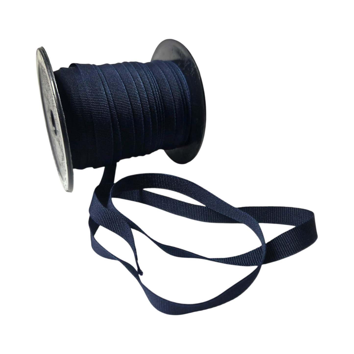 Spool of navy blue petersham ribbon on a white background. 50 meter roll.