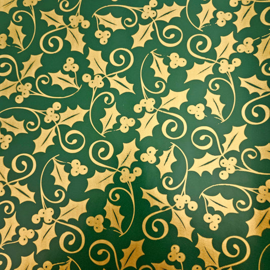 Christmas Wrapping Paper Green with Gold Holly (10 or 50 Meter Roll)