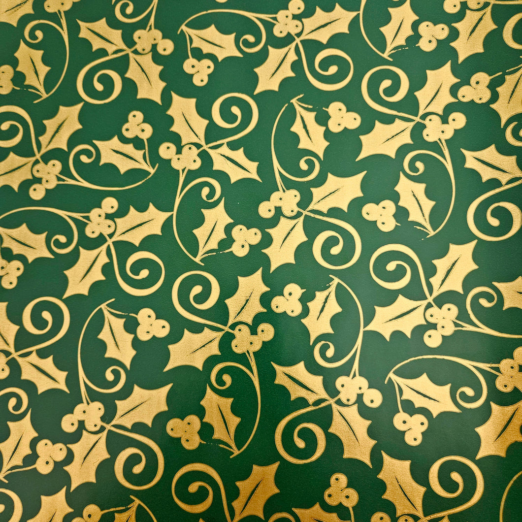Christmas Wrapping Paper Green with Gold Holly (10 Meter Roll)