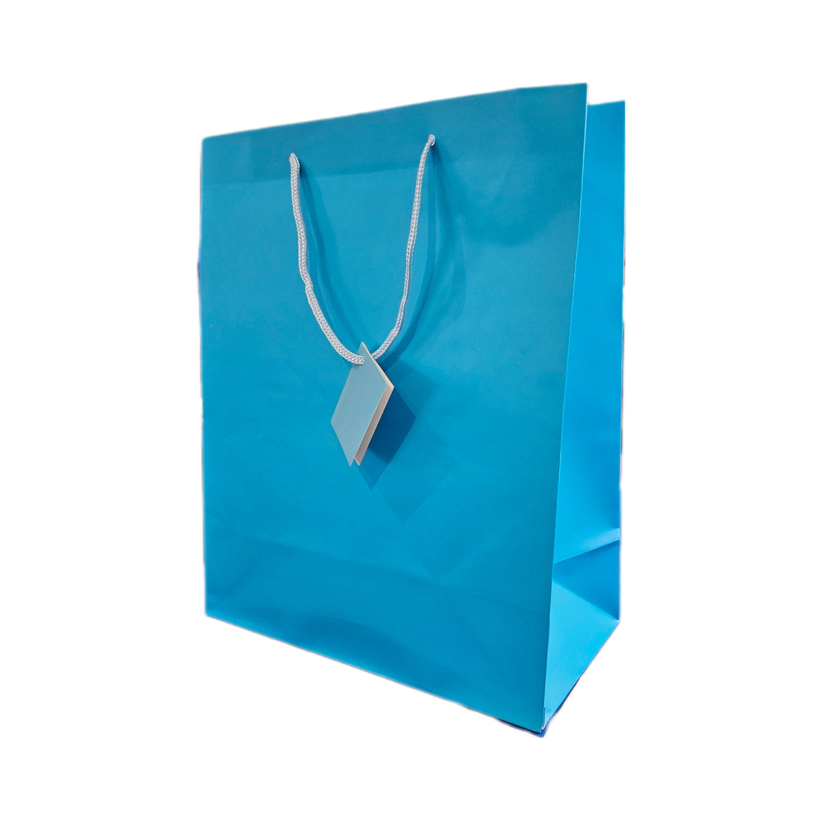 A bright blue paper shopping bag with blue rope handles and a blank light blue hangtag, shown on a plain white background.