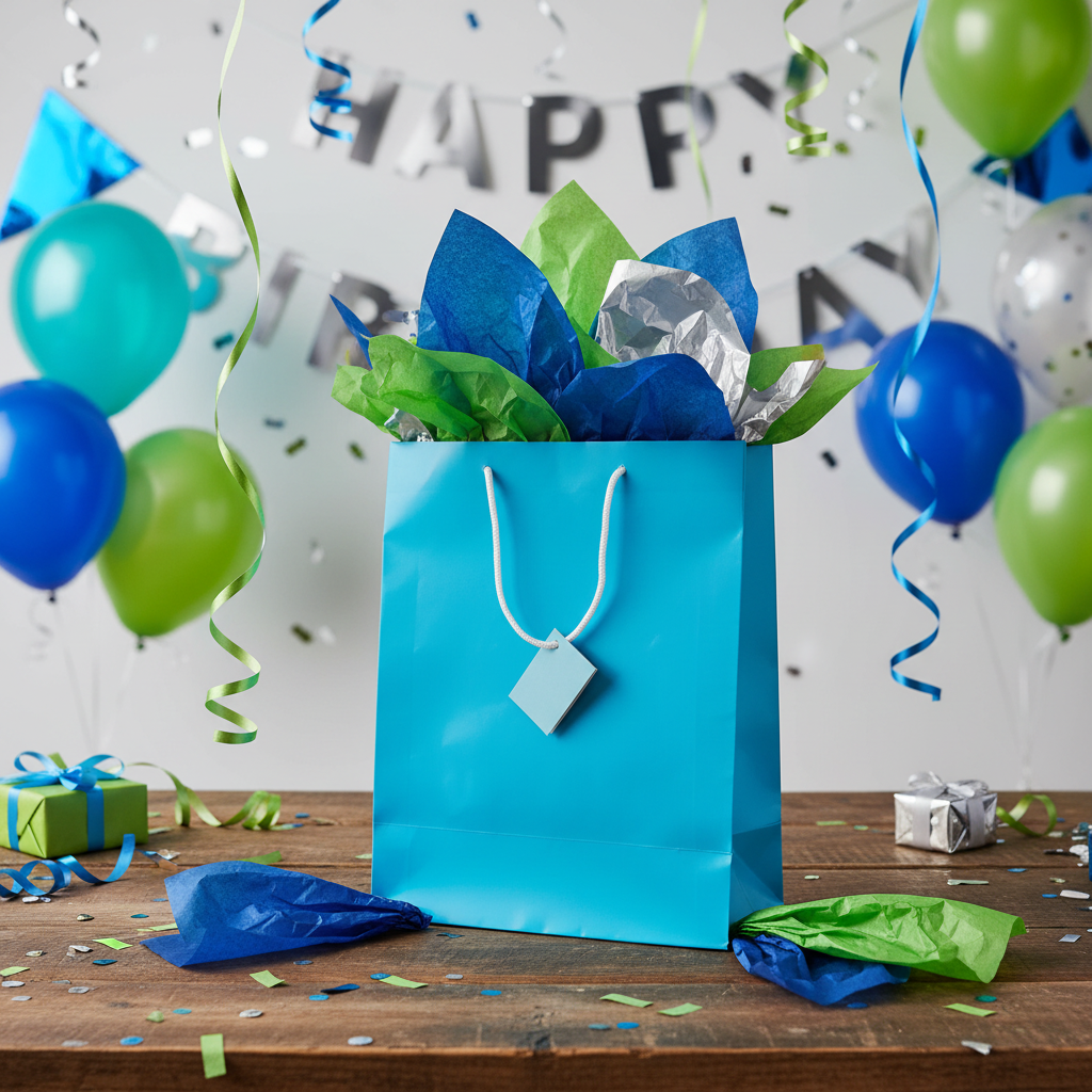 A bright blue gift bag filled with blue, green, and silver tissue paper sits on a wooden table surrounded by balloons, confetti, streamers, and a 'Happy Birthday' banner.