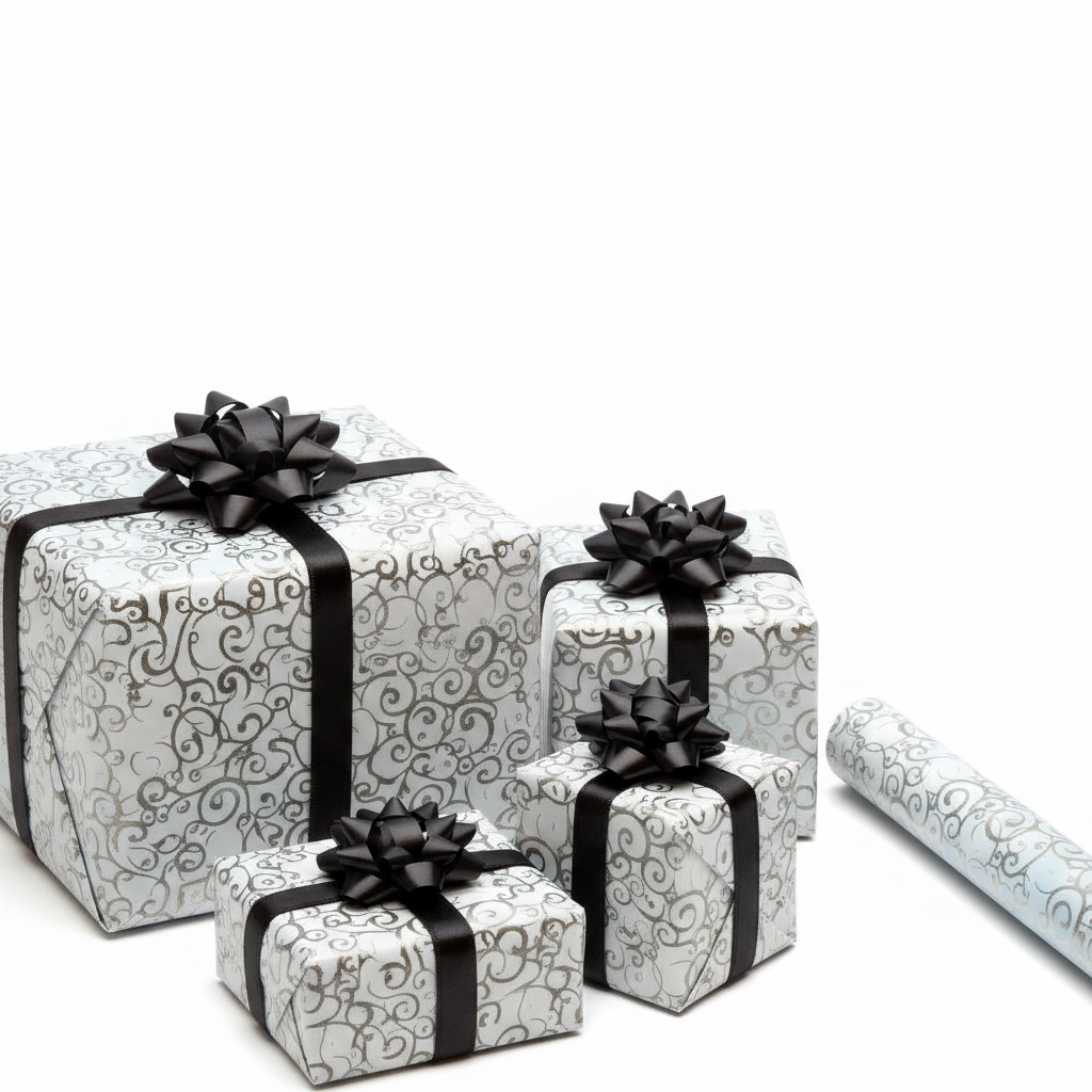 Decorative gift boxes with black ribbons on a white background