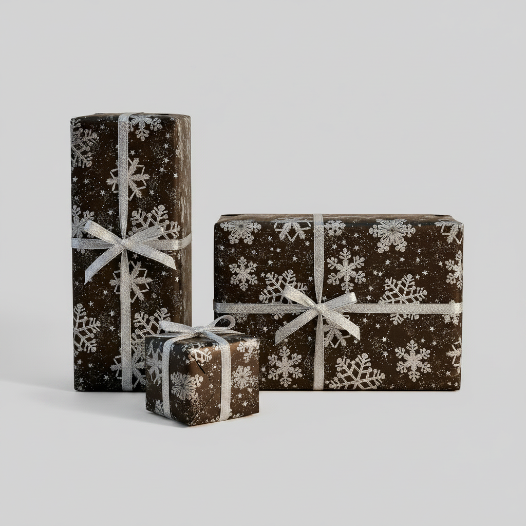 Three wrapped gift boxes in different sizes, all covered in dark brown wrapping paper with a white snowflake pattern and tied with white ribbons, set against a light gray background.