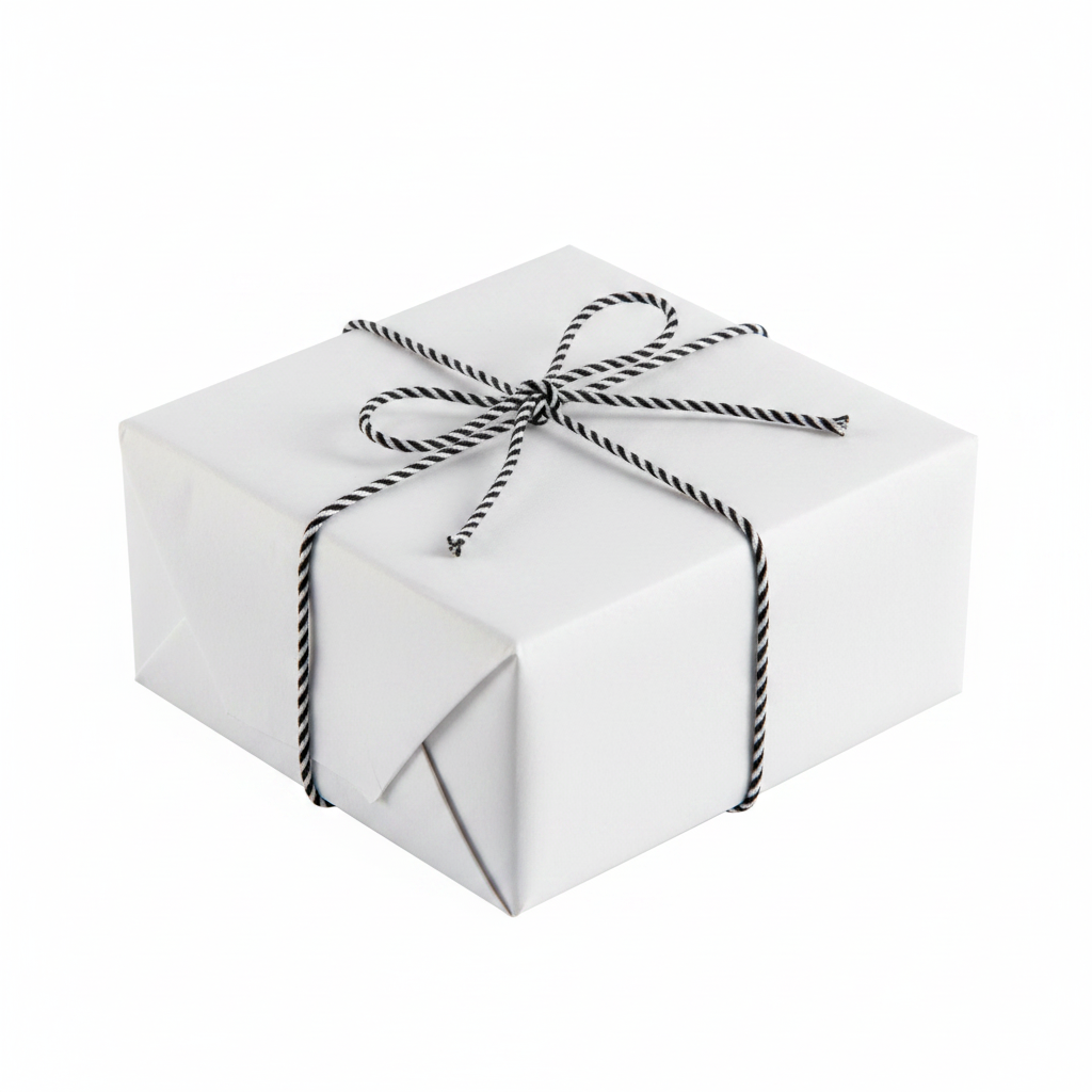 A square white gift box wrapped in white paper and tied with a black-and-white twisted string bow, shown on a plain white background.