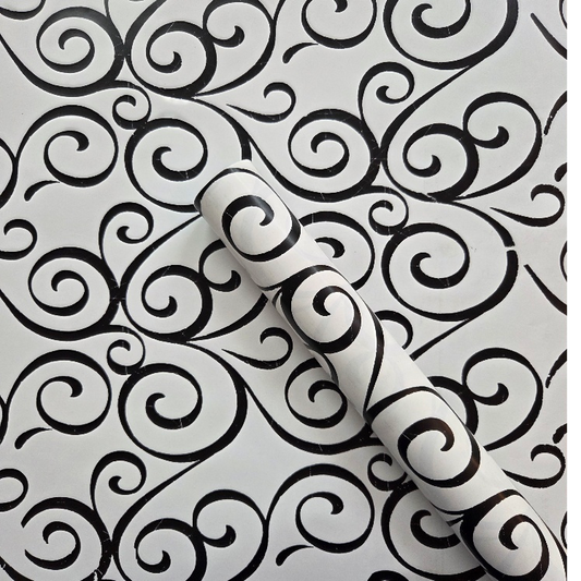Wrapping Paper White with Large Black Curls (10 Meter Roll)