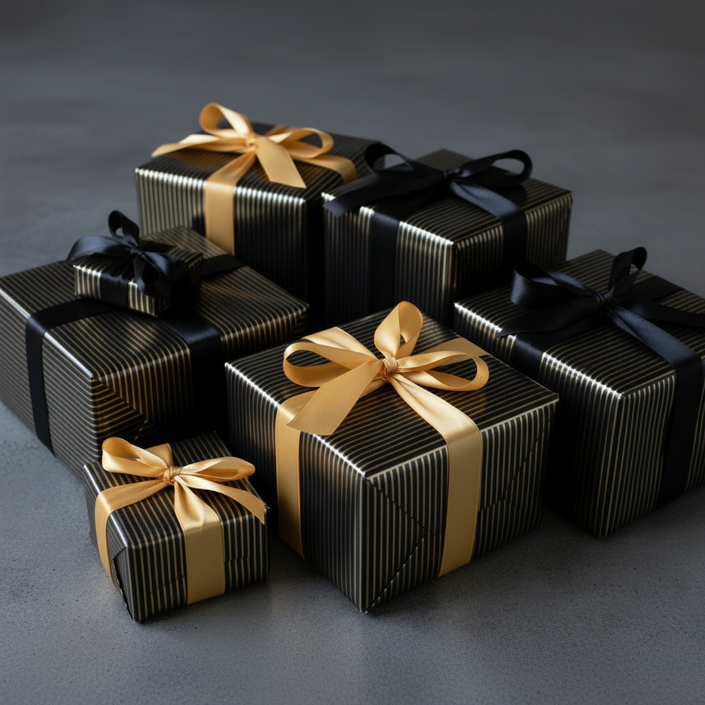 Six wrapped gift boxes in varying sizes arranged on a dark gray surface. The boxes are wrapped in black and gold striped paper, with three tied in black ribbon and three tied in gold ribbon.