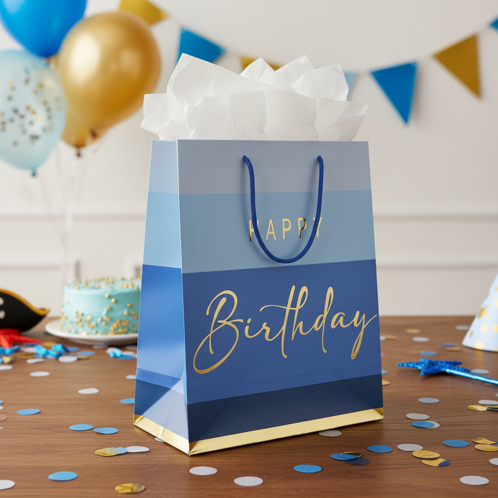 A blue and navy striped birthday gift bag with gold foil 'Happy Birthday' lettering, filled with white tissue paper and standing on a decorated party table with balloons, confetti, and a cake in the background.