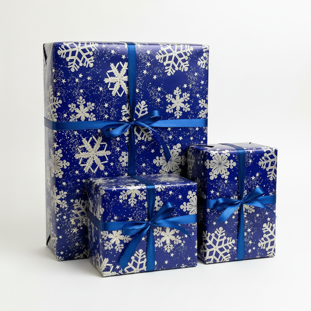 Three wrapped gift boxes in different sizes, all covered in royal blue wrapping paper with a silver snowflake and star pattern, tied with matching blue ribbon and bow, on a light gray studio background.