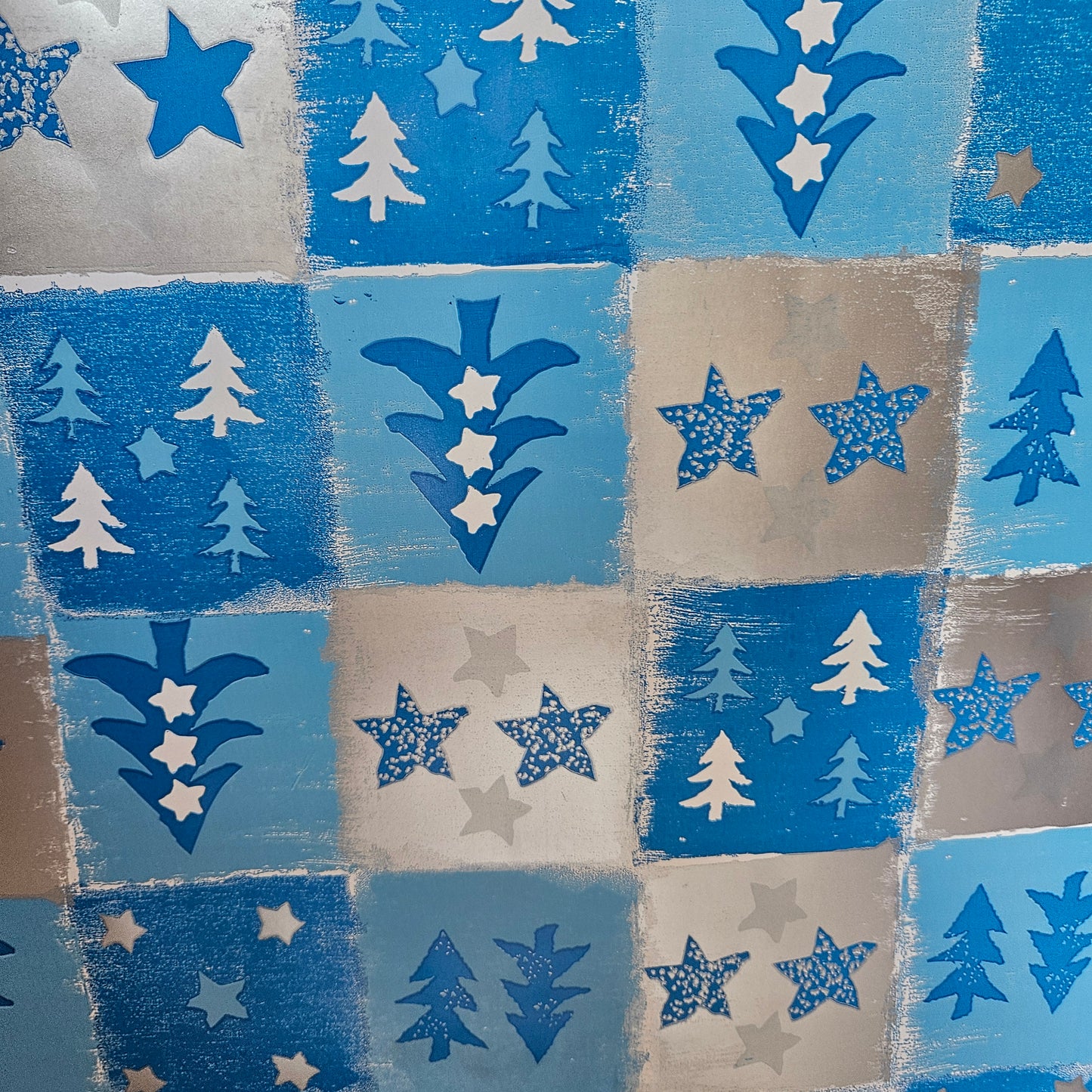 Christmas Wrapping Paper Silver and Blue Squares with Trees (10 Meter Roll)