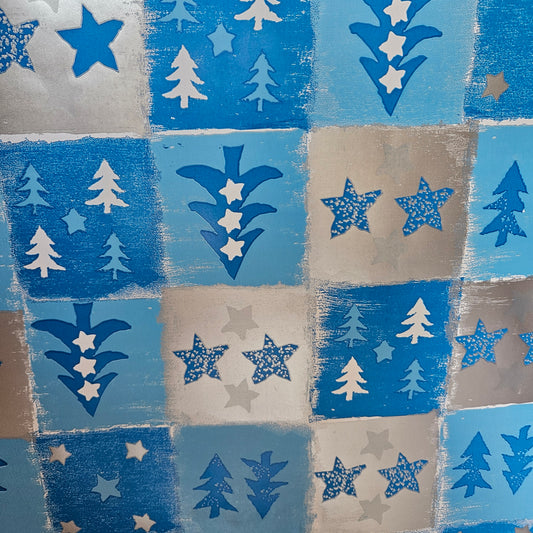 Christmas Wrapping Paper Silver and Blue Squares with Trees (10 Meter Roll)