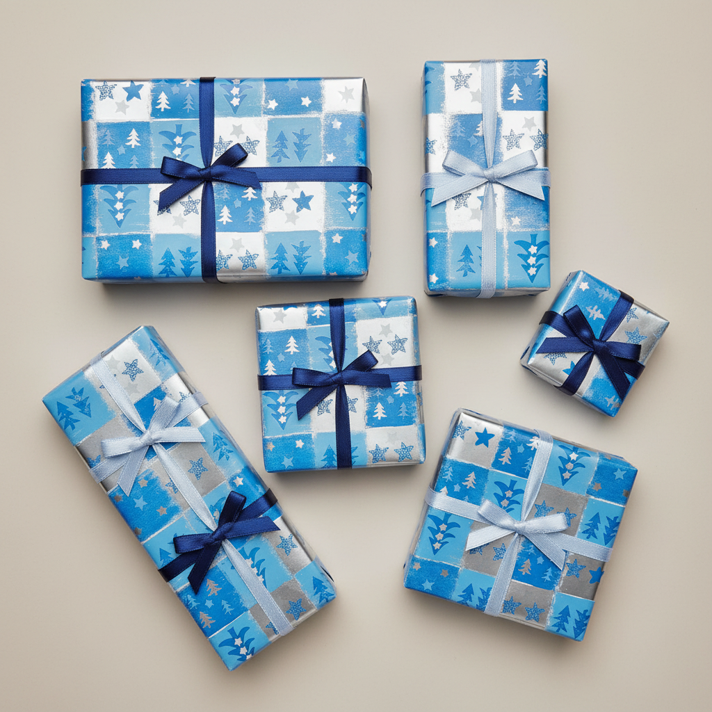 Six wrapped gift boxes in assorted sizes arranged on a light beige background. The wrapping paper features a festive blue and white pattern of stars, snowflakes, and Christmas trees, with some boxes tied in navy blue and others in light blue.