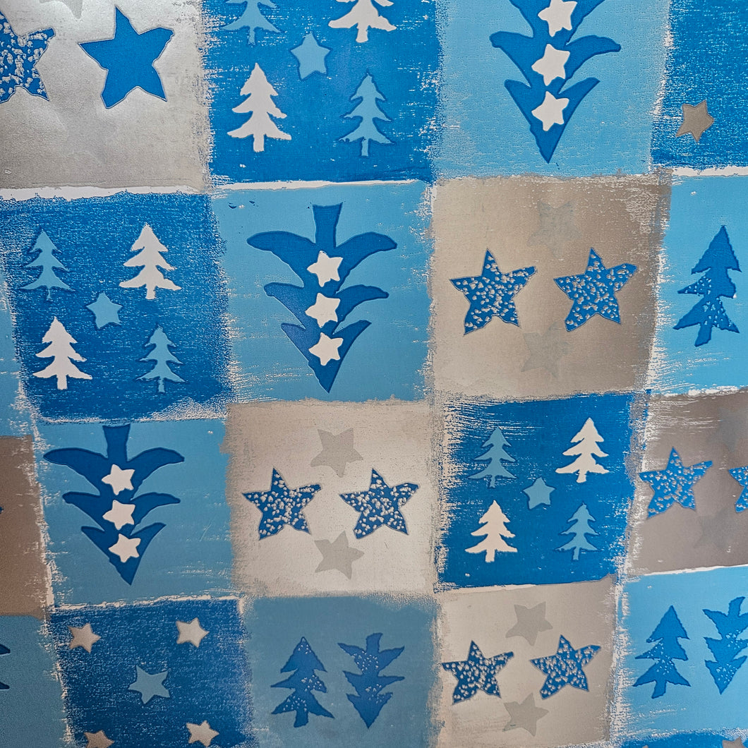 Christmas Wrapping Paper Silver and Blue Squares with Trees (10 Meter Roll)