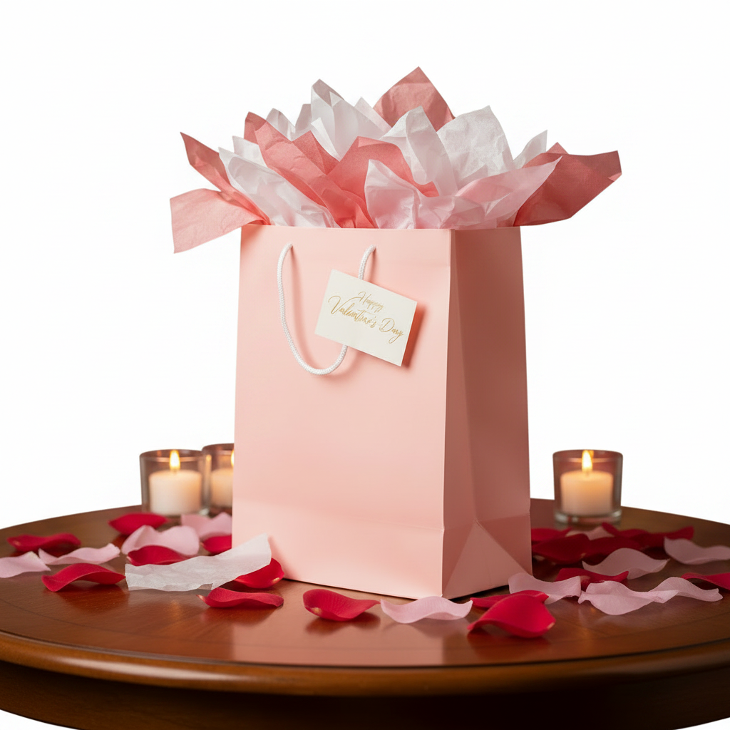 A pink gift bag filled with pink and white tissue paper, set on a wooden table with scattered rose petals, candles, and a red bokeh background with heart shapes. A tag on the bag reads 'Happy Valentine's Day'.