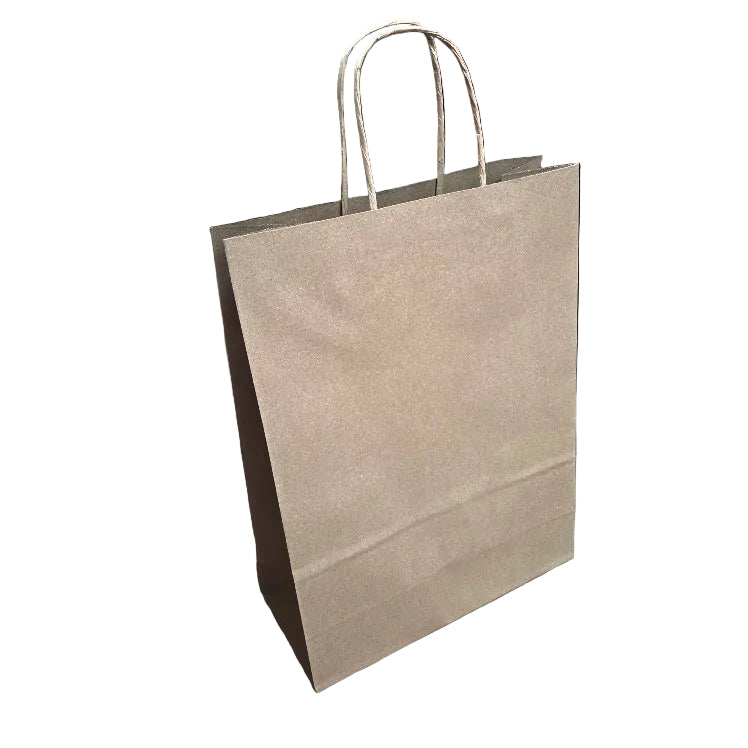 A plain brown kraft paper shopping bag with twisted paper handles, standing on a tiled floor in an indoor setting.