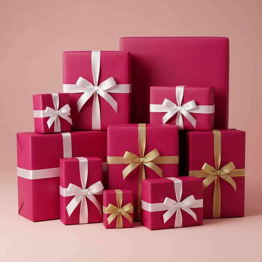 A collection of wrapped gift boxes in shades of magenta pink, decorated with white and gold ribbons and bows, arranged on a soft pink background.