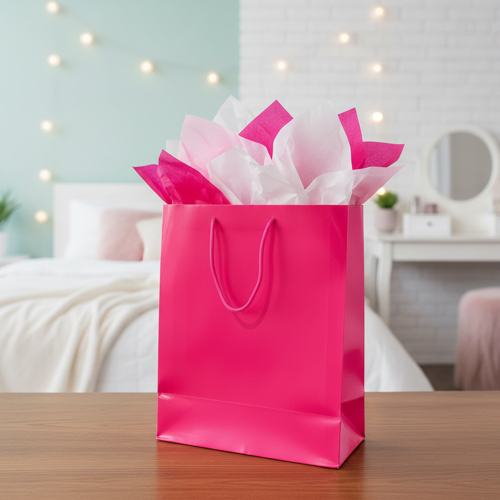 A bright pink glossy gift bag filled with white and pink tissue paper, standing on a wooden table in a softly blurred bedroom setting.