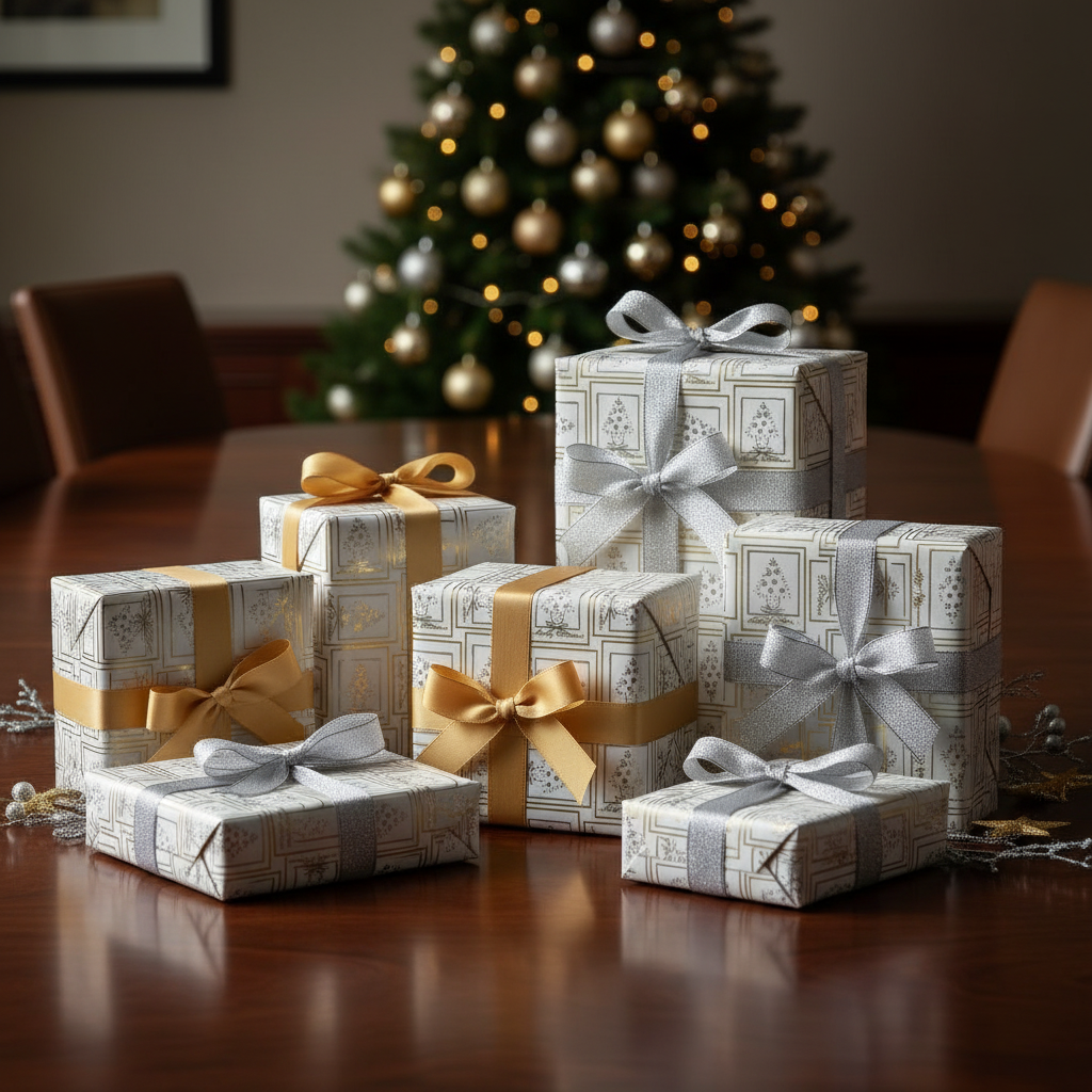 A patterned Christmas wrapping paper with gold and silver squares, featuring Christmas trees and the text merry Christmas.