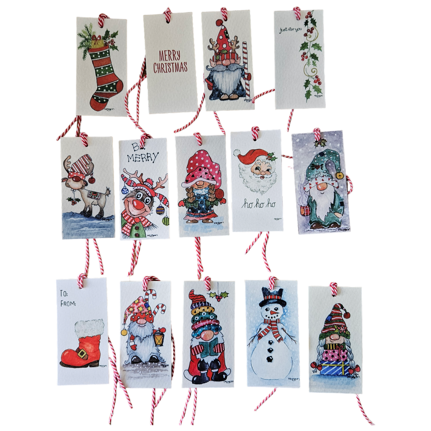 A set of decorative Christmas gift tags with various holiday-themed illustrations, including Santa Claus, a reindeer, and snowmen, strung with red and white twine.