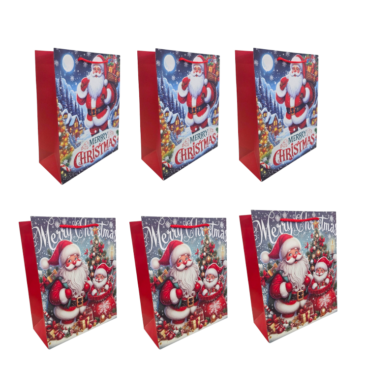 Set of six Christmas gift bags with Santa Claus design on a white background