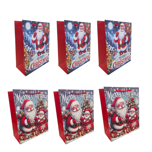 Set of six Christmas gift bags with Santa Claus design on a white background
