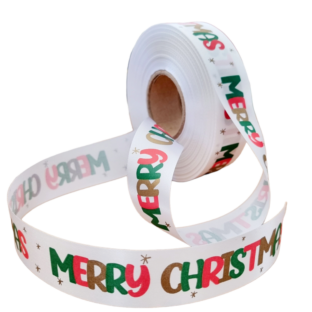 Christmas Printed Satin Ribbon White With Colourful Merry Christmas (10 or 50 Meter Roll)