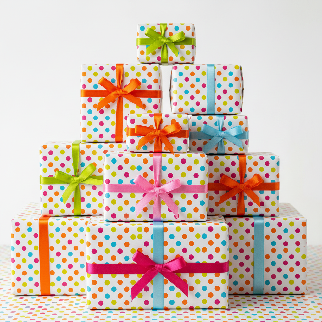 A stack of wrapped gift boxes in a pyramid shape, decorated with white wrapping paper featuring multicolored polka dots and tied with colorful satin ribbons in pink, orange, blue, and green, set against a plain white background.