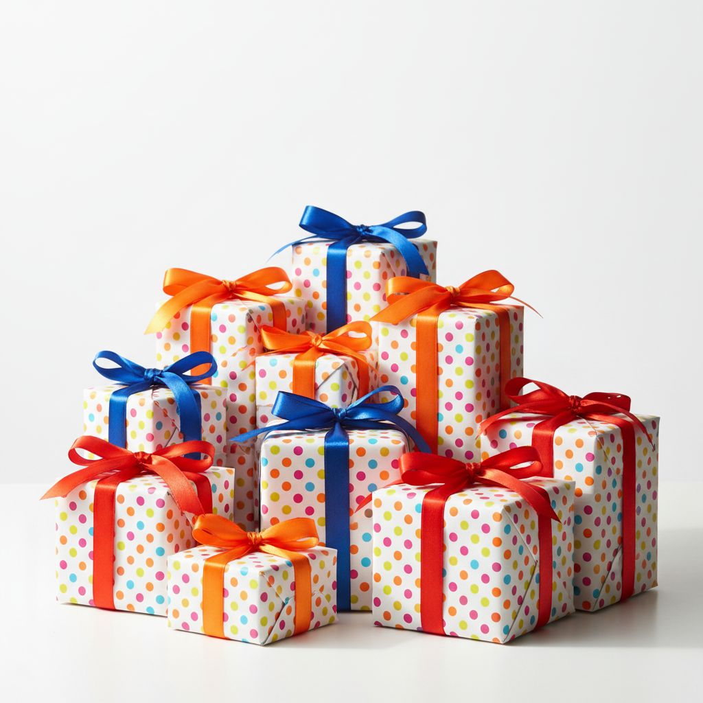 A stack of wrapped gift boxes in assorted sizes, decorated with white wrapping paper featuring multicolored polka dots and tied with bright orange, blue, and red satin ribbons, set against a clean white studio background.