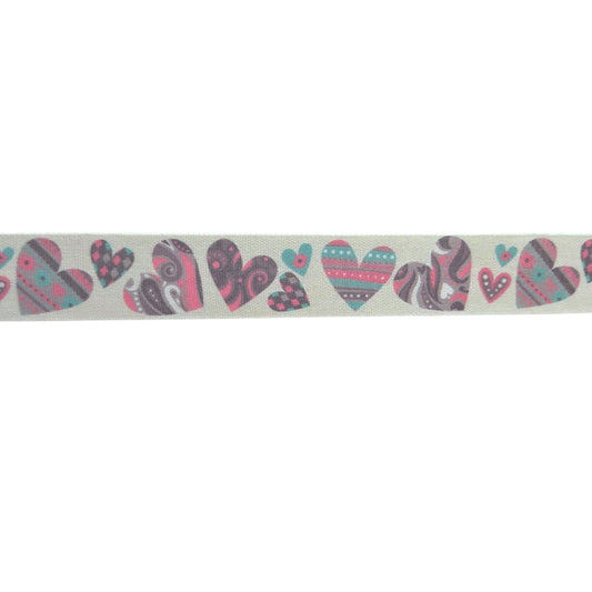 Cotton Ribbon with Printed Hearts 25mm (20 Meter Roll)