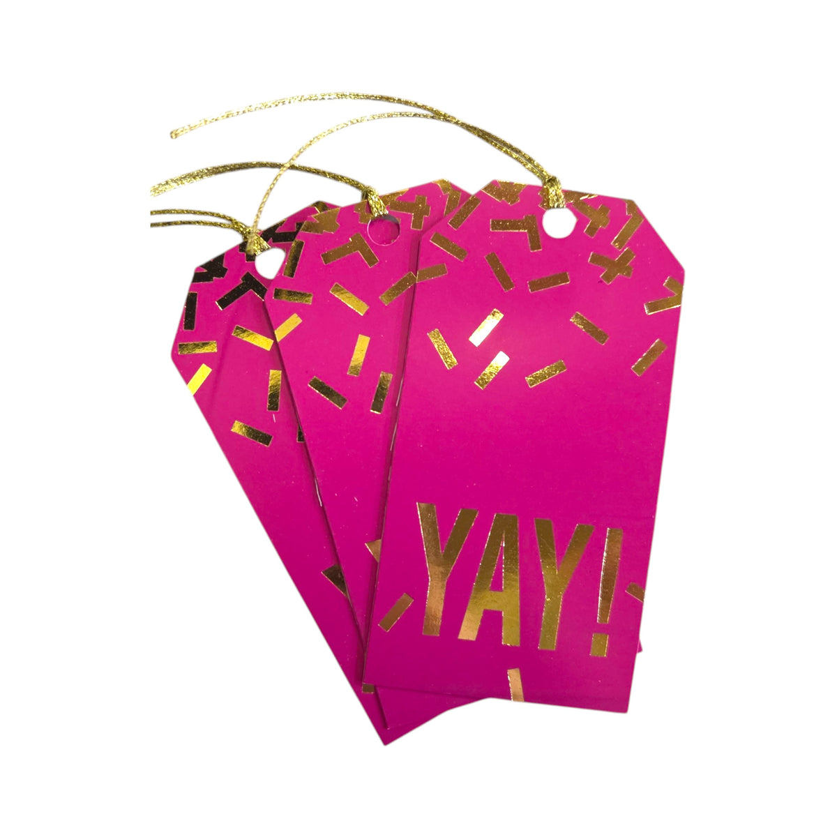 Three pink gift tags with gold 'YAY!' text on a white background