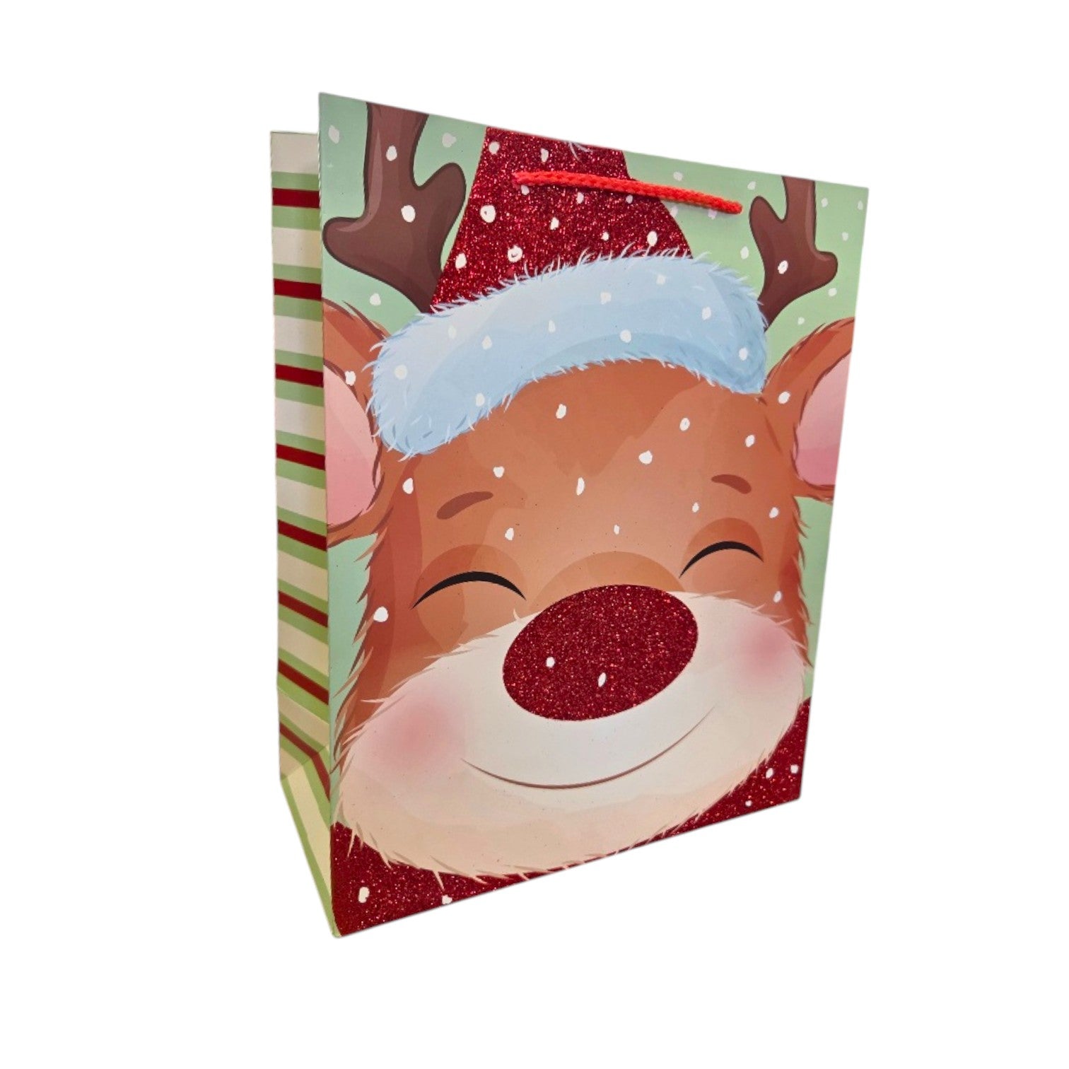 Christmas Gift bag with a glitter reindeer design on a white background