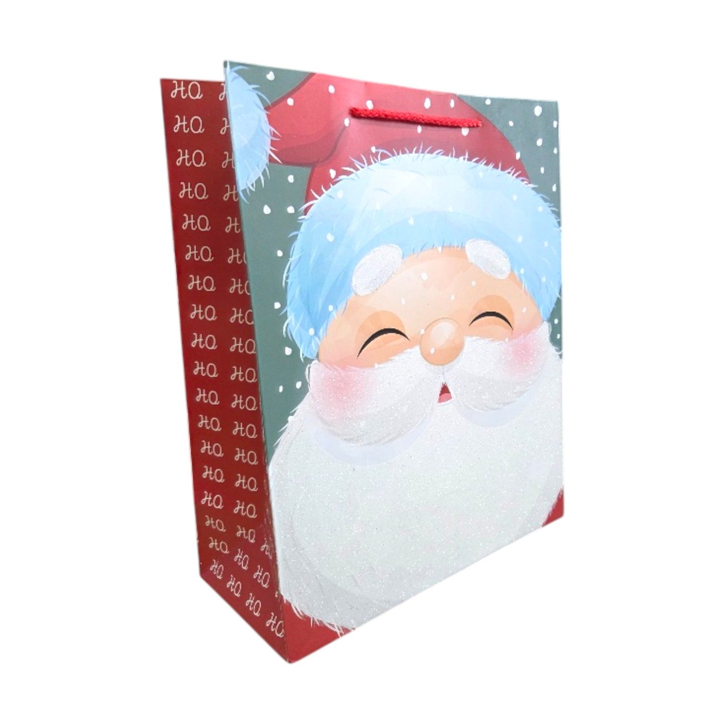 Gift bag with a cartoon glitter Santa Claus face on a white background