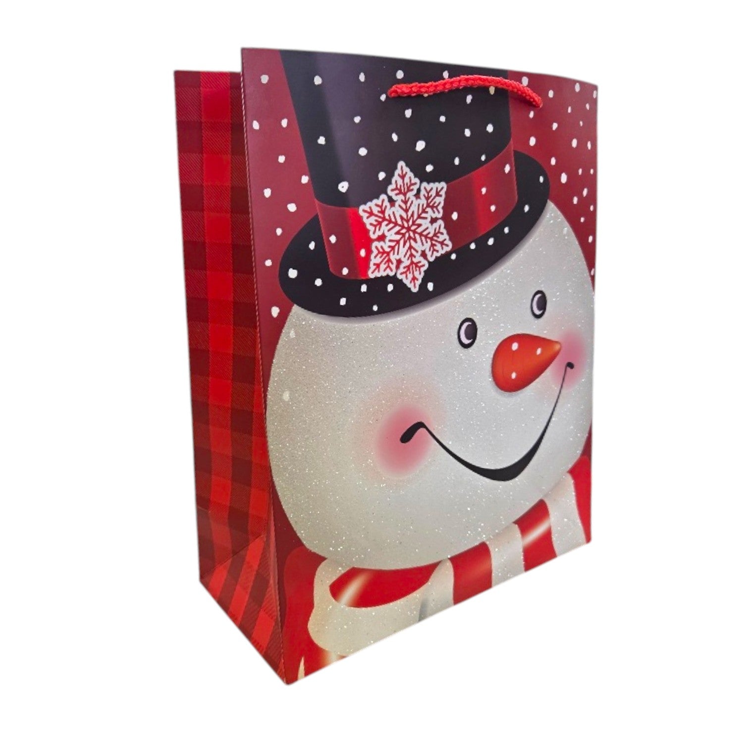 Gift bag with a glitter snowman design on a white background