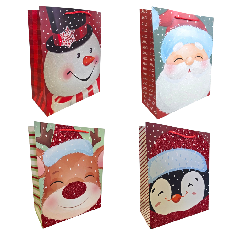 Four Christmas-themed gift bags featuring a snowman, Santa Claus, reindeer, and penguin on a white background.